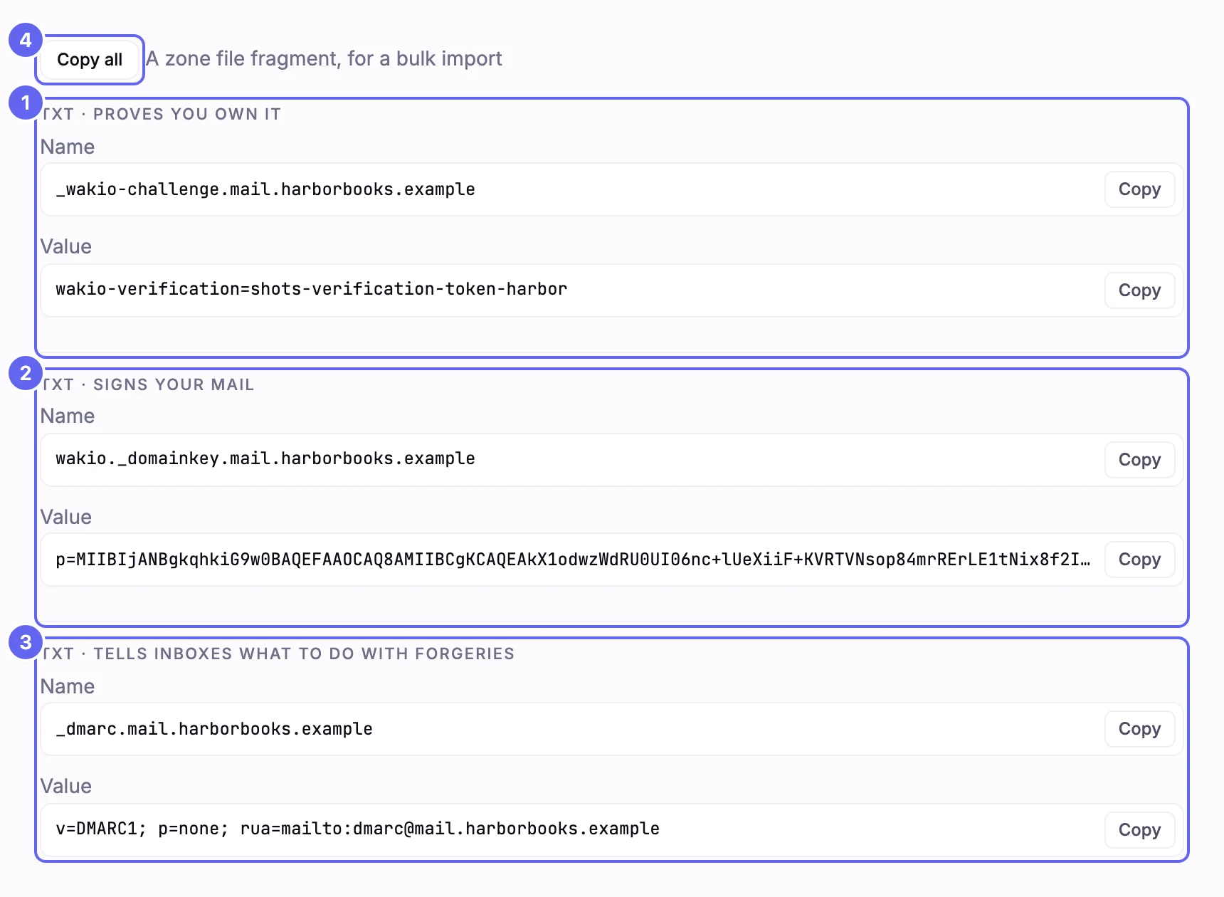 The DNS records Wakio asks you to publish for mail.harborbooks.example, each with a copyable name and value