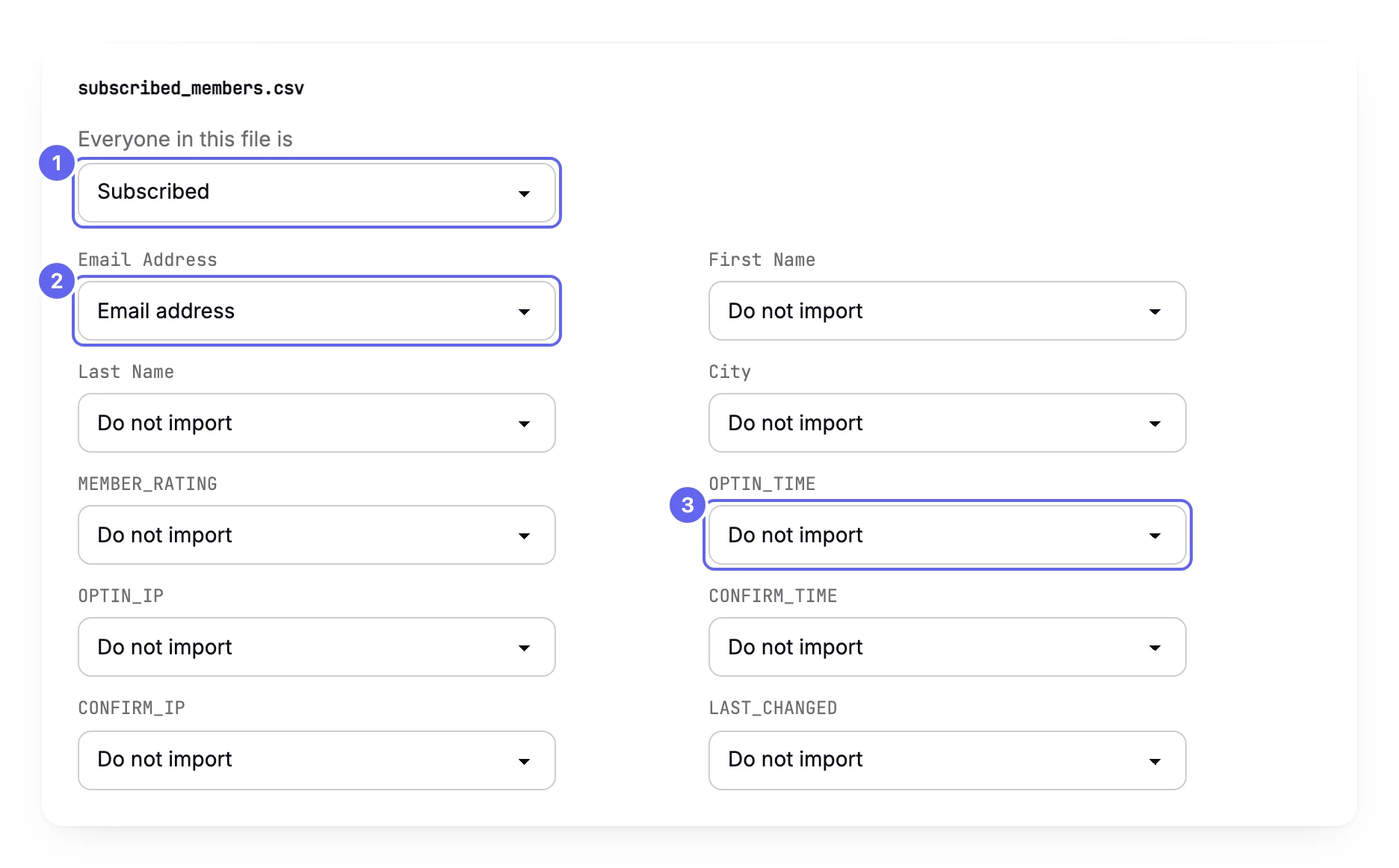 The mapping card for subscribed_members.csv, with Everyone in this file is set to Subscribed, Email Address mapped to Email address, and the other columns, including OPTIN_TIME and CONFIRM_TIME, left on Do not import