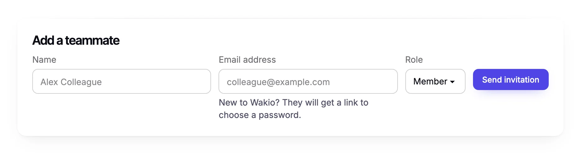 The Add a teammate form under Team, with fields for name, email address and role, and a Send invitation button