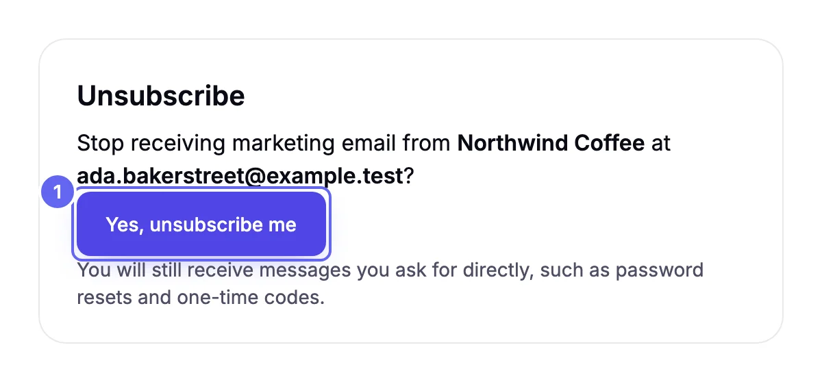 The Unsubscribe page, asking: Stop receiving marketing email from Northwind Coffee at ada.bakerstreet@example.test? Below it, a Yes, unsubscribe me button and a note that messages the reader asks for directly, such as password resets and one-time codes, still arrive
