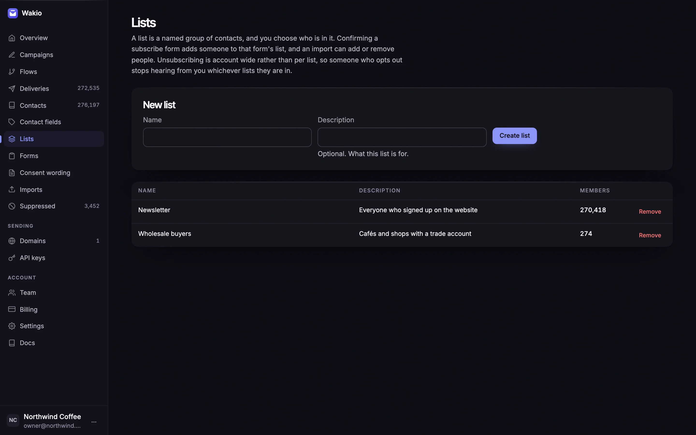 The Wakio lists page: a Newsletter list of 270,418 members and a Wholesale buyers list of 274, either of which can start a flow
