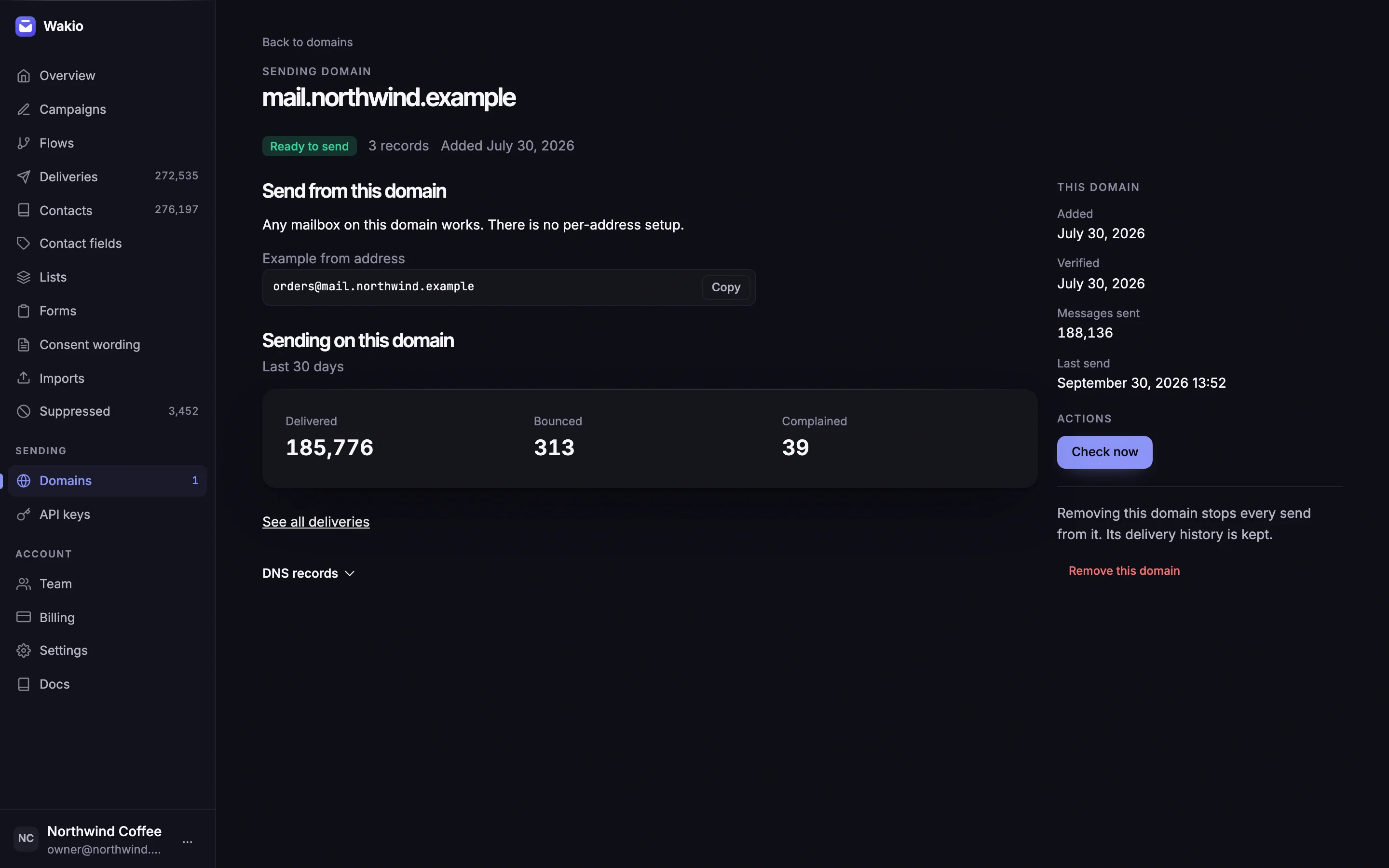 A sending domain in Wakio, mail.northwind.example, marked ready to send, with its delivered, bounced and complained counts for the last 30 days